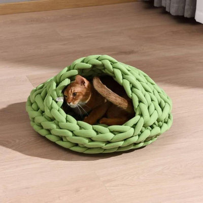 Michu Chunky Knit Soft Cat Bed Cave, Olive Green