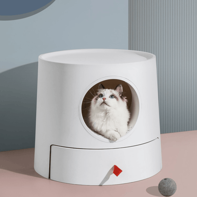 Furrytail Litter Box Mayitwill Cat Castle Semi Closed Litter Box with Scoop, White
