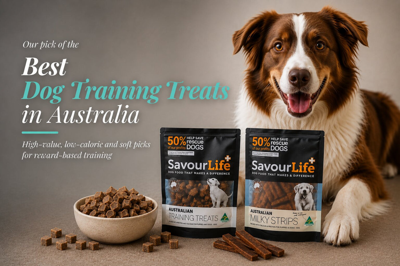 Golden Retriever beside SavourLife dog training treats, puppy milky strips and a bowl of training treats for the Best Dog Training Treats in Australia guide.