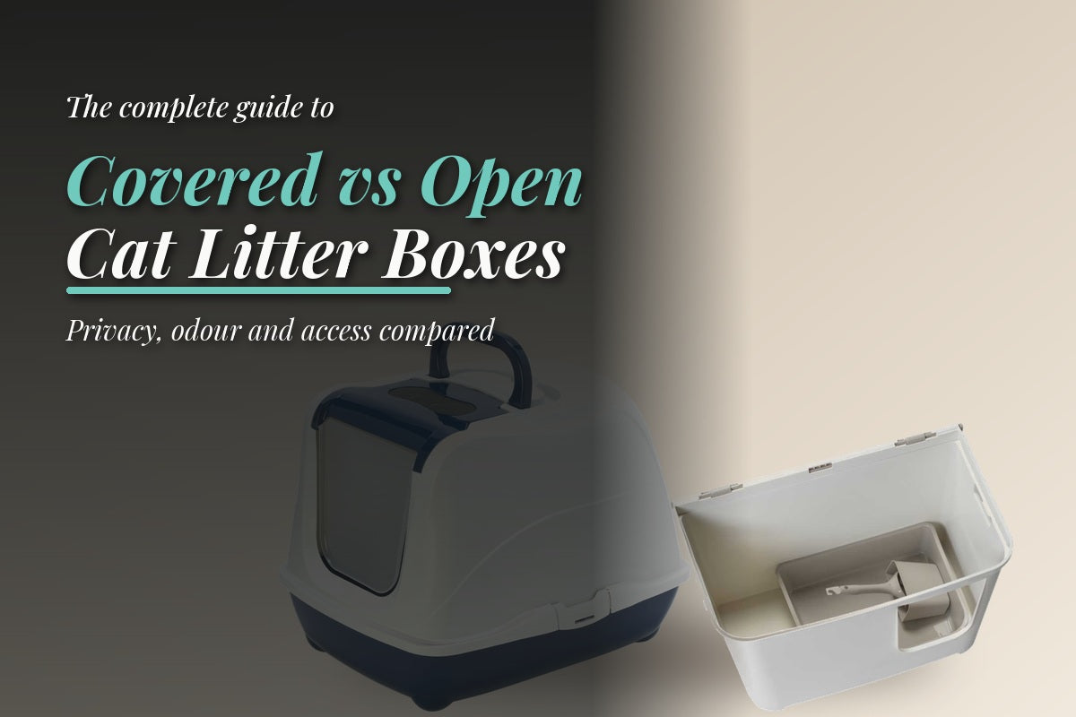 Moderna Flip covered cat litter box beside an open high-wall Casetta tray, comparing enclosed and open designs