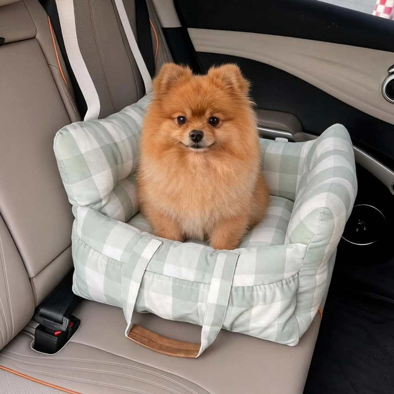 Premium Dog Car Seat for Small Pets, Green Buffalo Check