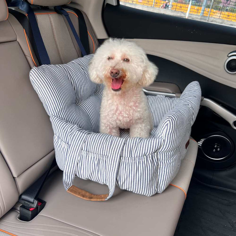 Premium Dog Car Seat for Small Pets, Blue Denim Stripe