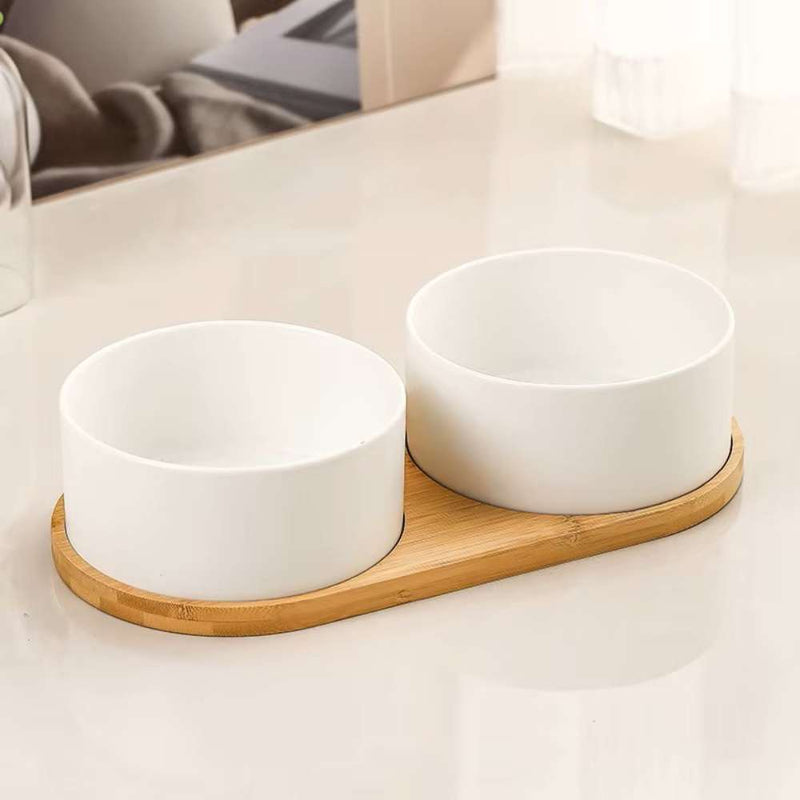 Ceramic Double Dog Bowl Set, Matt White