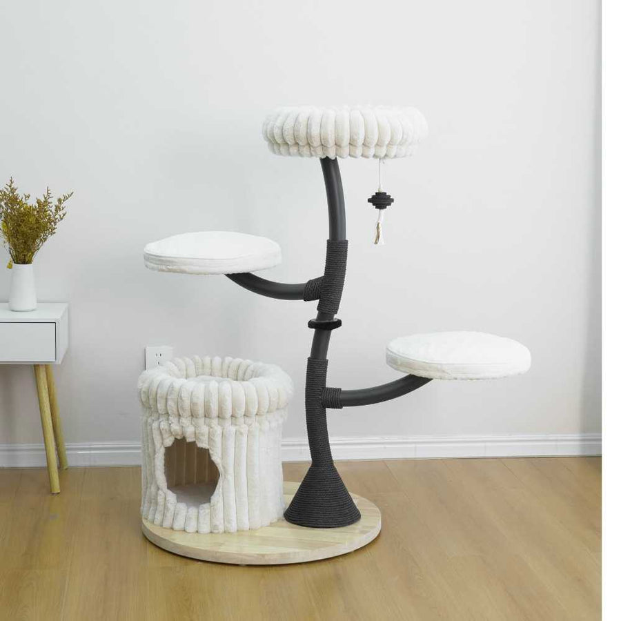 Modern Curved Cat Tree with Condo & Plush Platforms