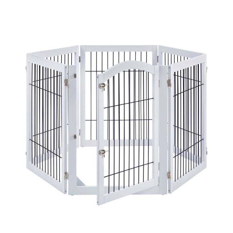 Wooden Dog Pen and Six Panel Pet Gate, White