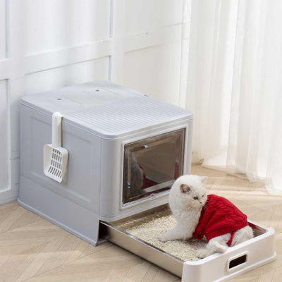 Stainless Steel Cat Litter Box with Pull-Out Drawer, Grey