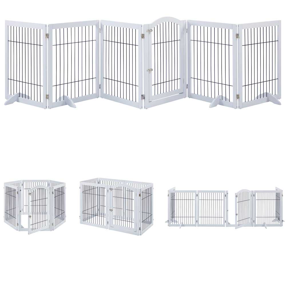 Wooden Dog Pen and Six Panel Pet Gate, White