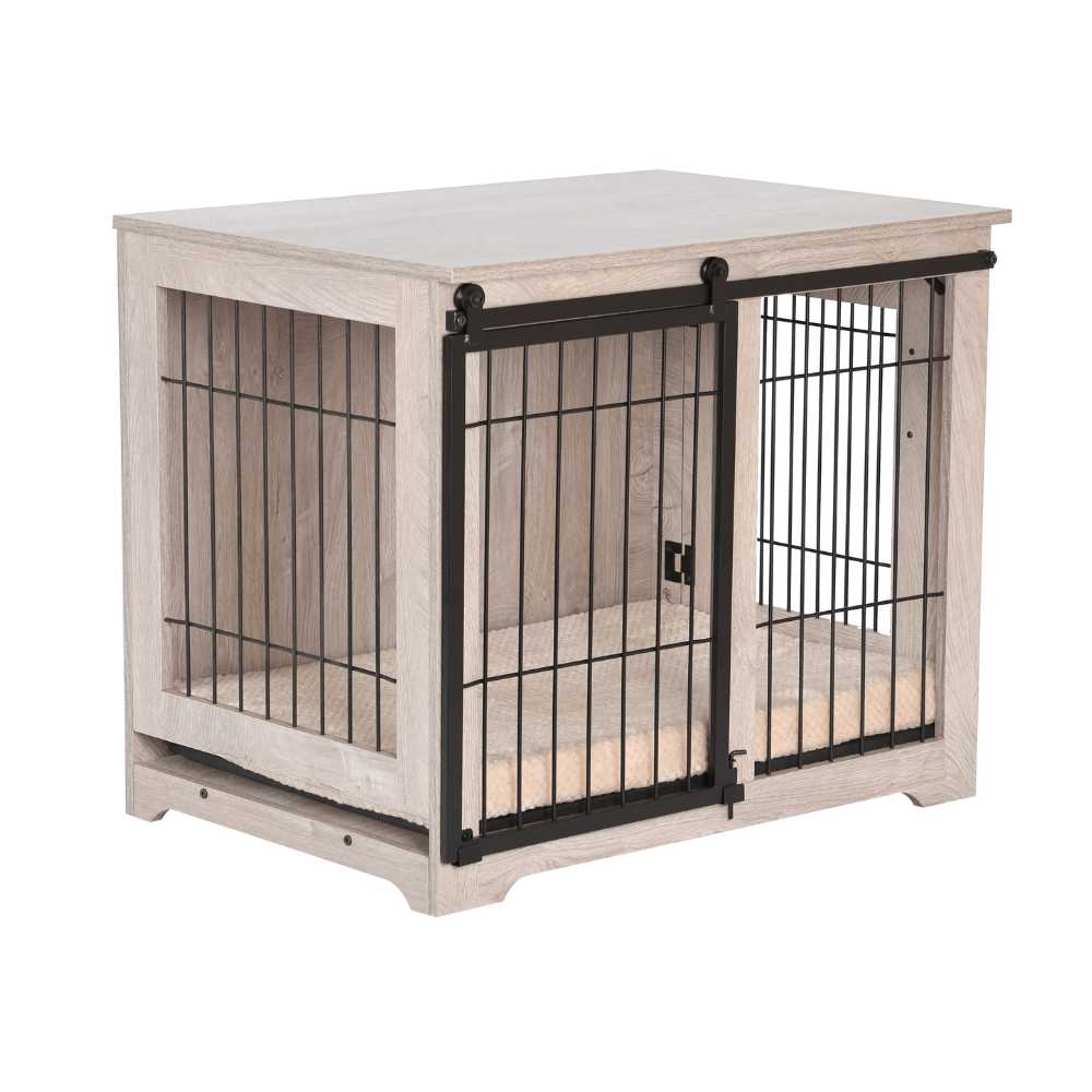 Sliding Door Wooden Dog Crate, Weathered Oak