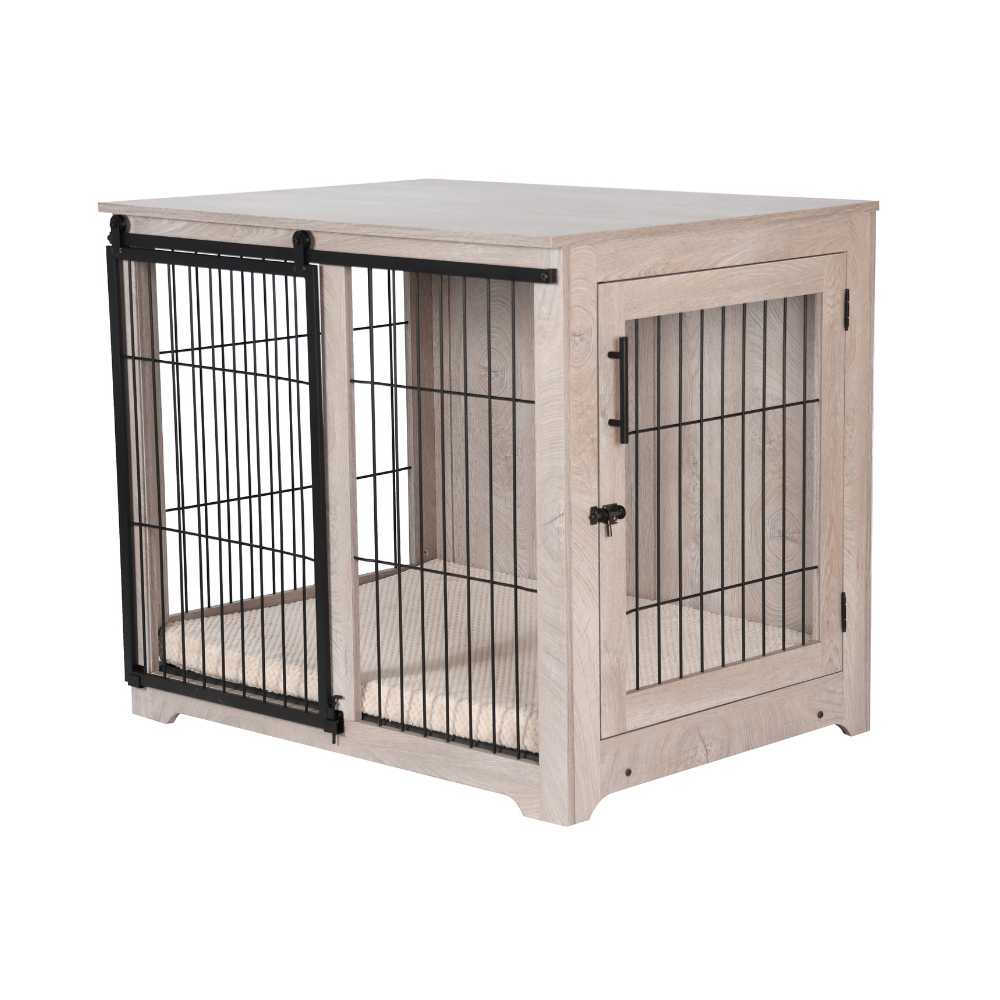 Sliding Door Wooden Dog Crate, Weathered Oak