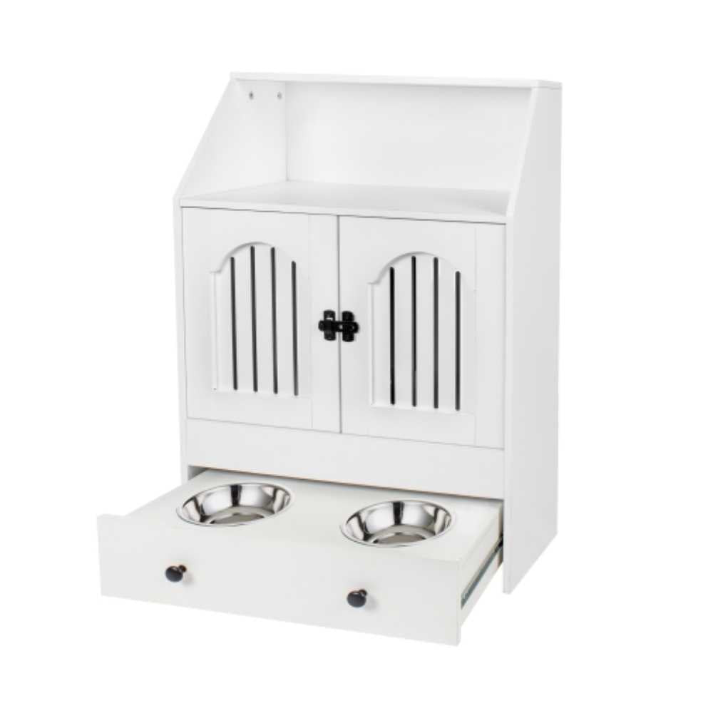 Pet Feeding Station with Storage Cabinet, White