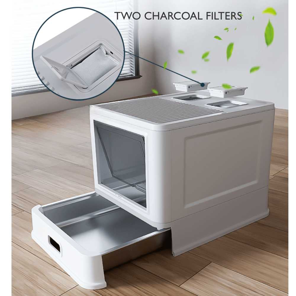 Stainless Steel Cat Litter Box with Pull-Out Drawer, Grey