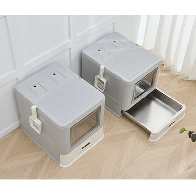 Stainless Steel Cat Litter Box with Pull-Out Drawer, Grey