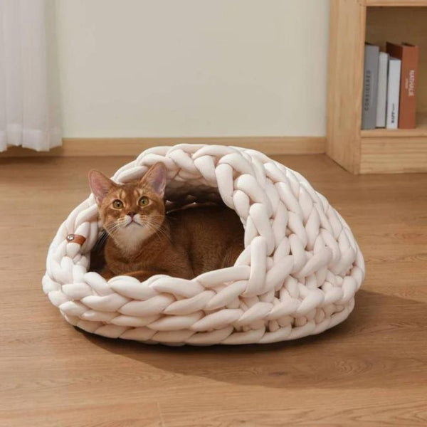 Michu Chunky Knit Soft Cat Bed Cave, Cream Modern Pets