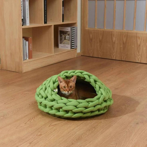 Michu Chunky Knit Soft Cat Bed Cave, Olive Green Modern Pets