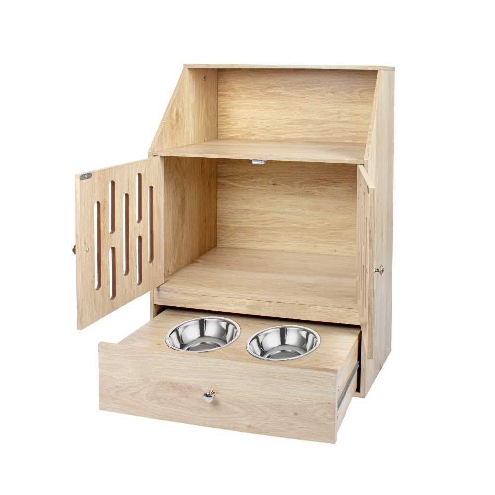 Pet Feeding Station with Storage Cabinet, Light Oak