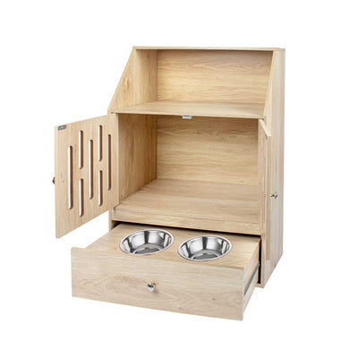 Pet Feeding Station with Storage Cabinet, Light Oak