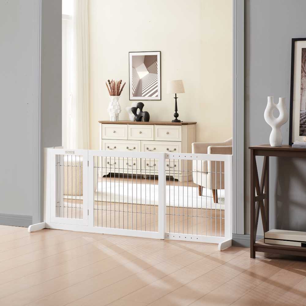 Freestanding Retractable Wooden Dog Barrier with Gate Modern Pets