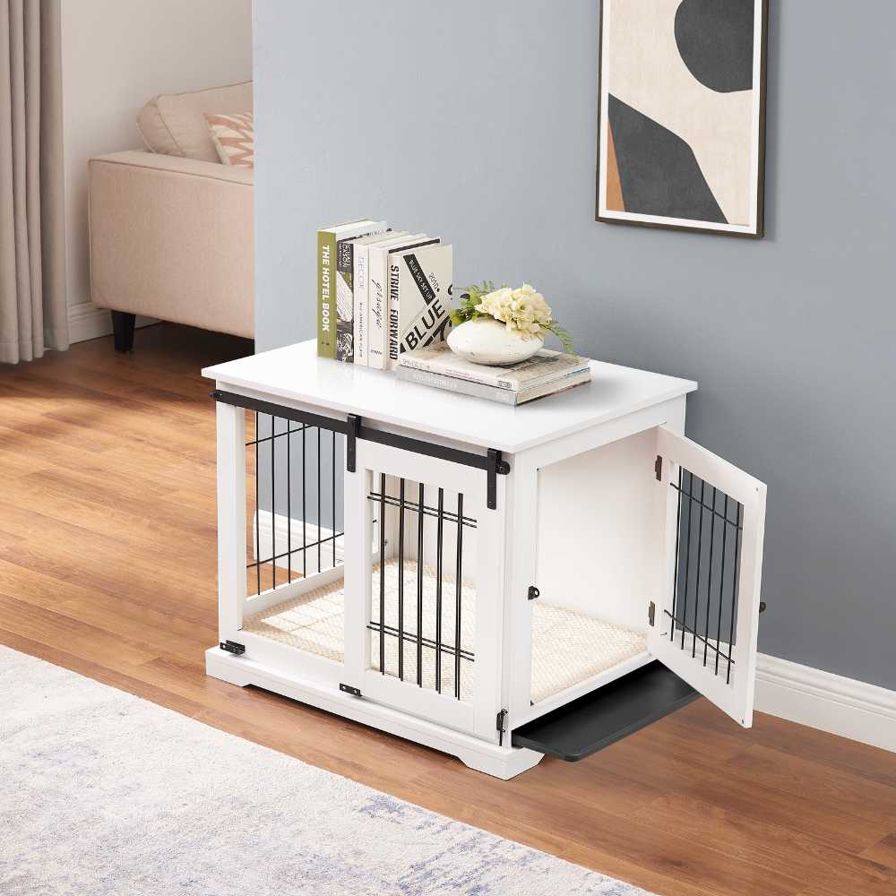 Sliding Door Wooden Dog Crate, White