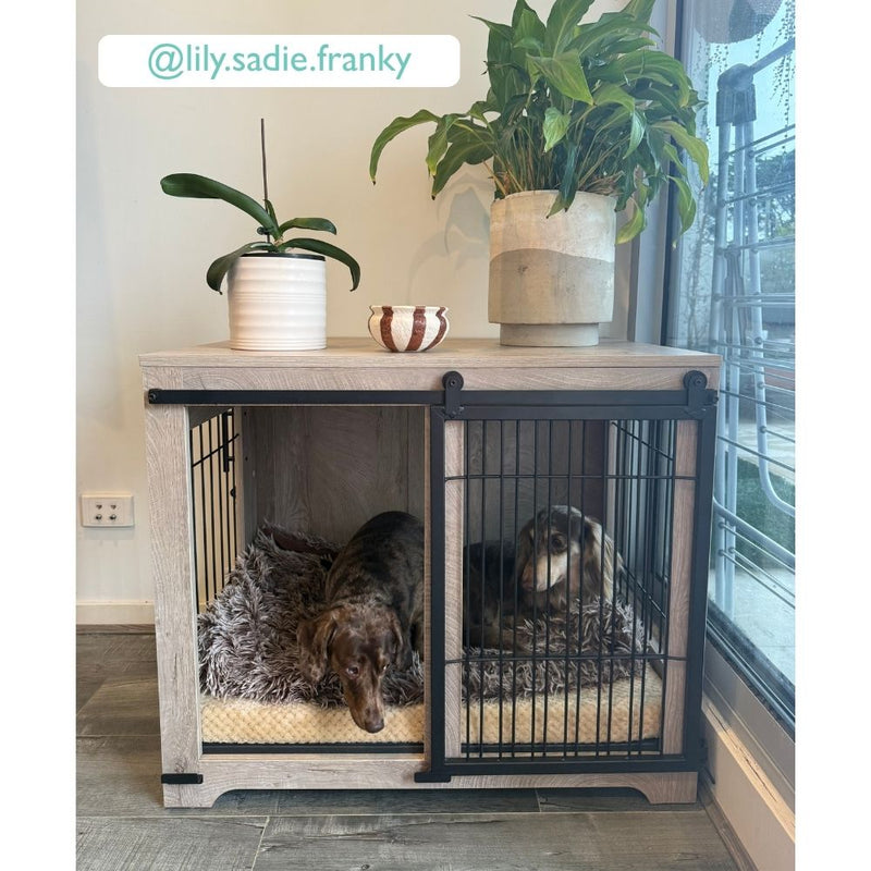 Sliding Door Wooden Dog Crate, Weathered Oak