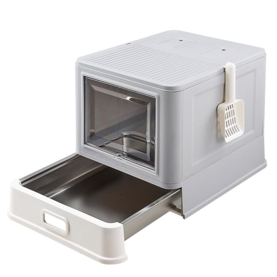 Stainless Steel Cat Litter Box with Pull-Out Drawer, Grey