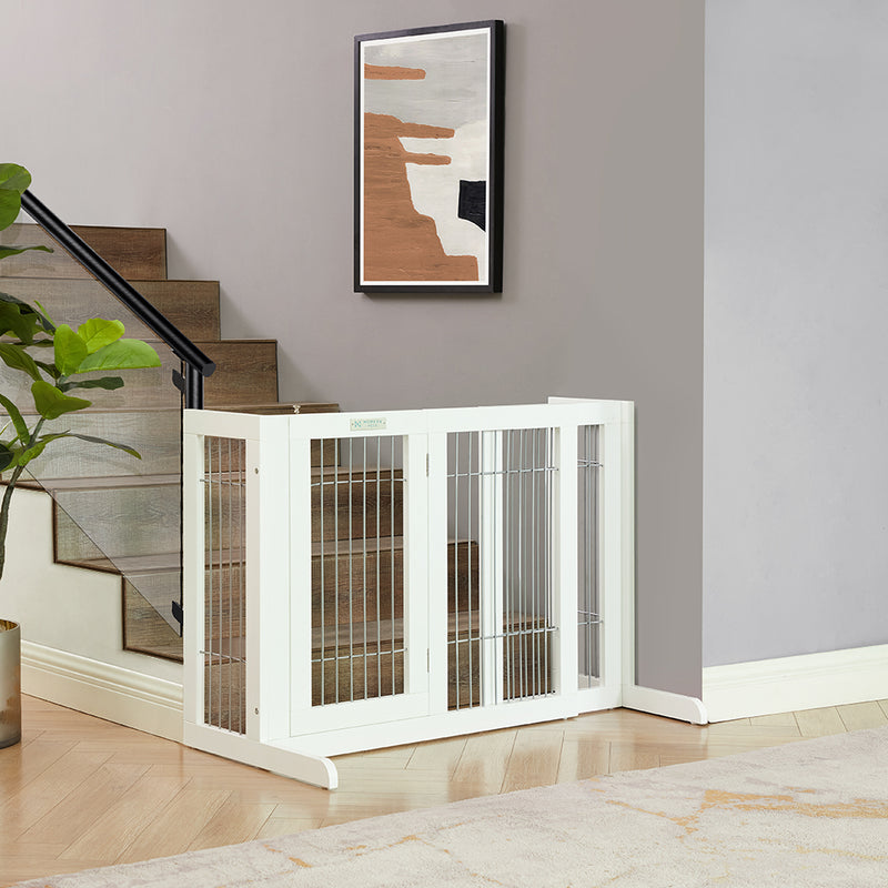 Freestanding Retractable Wooden Dog Barrier with Gate Modern Pets