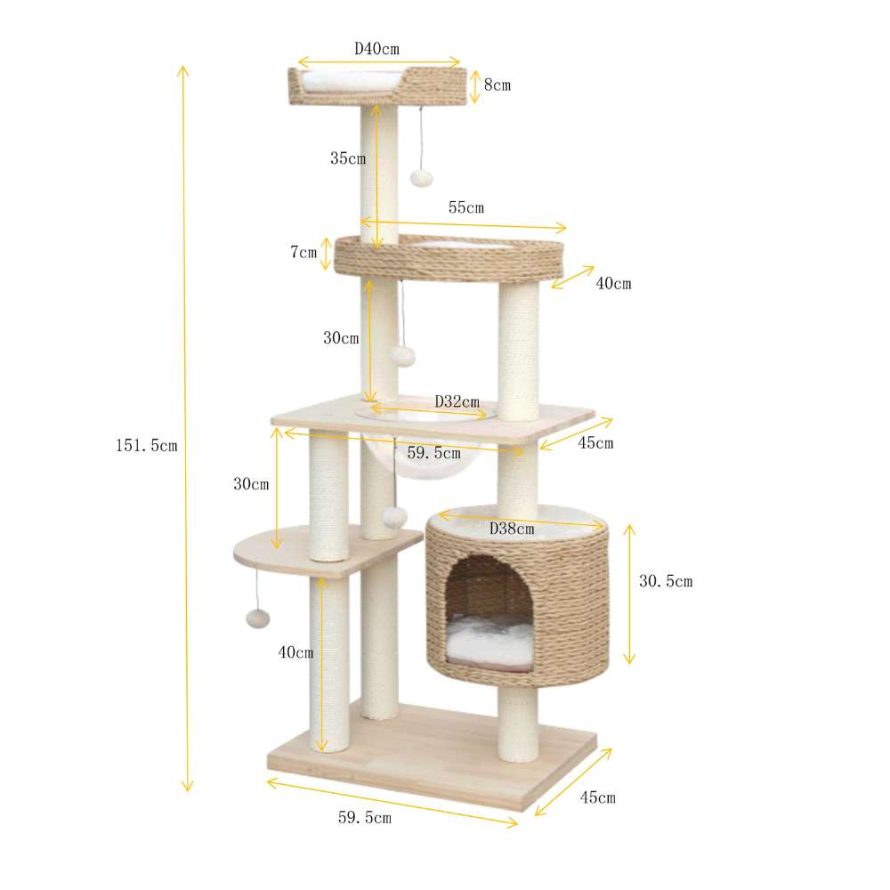 Premium Solid Wood and Natural Wicker Cat Tree Modern Pets