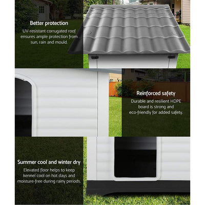 DSZ Dog House Outdoor Dog House, Waterproof Plastic Kennel Large, Grey