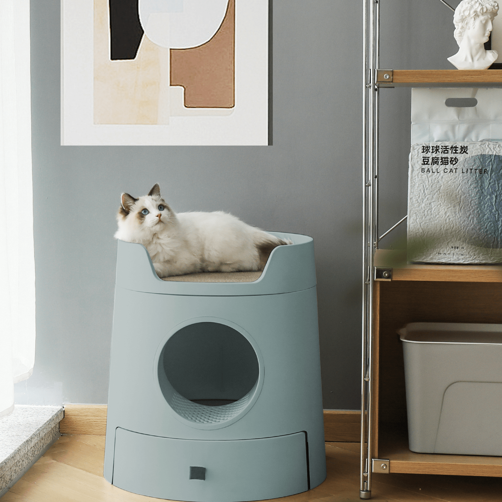 Mayitwill Cat Castle Semi Closed Litter Box with Scoop, Green Modern Pets