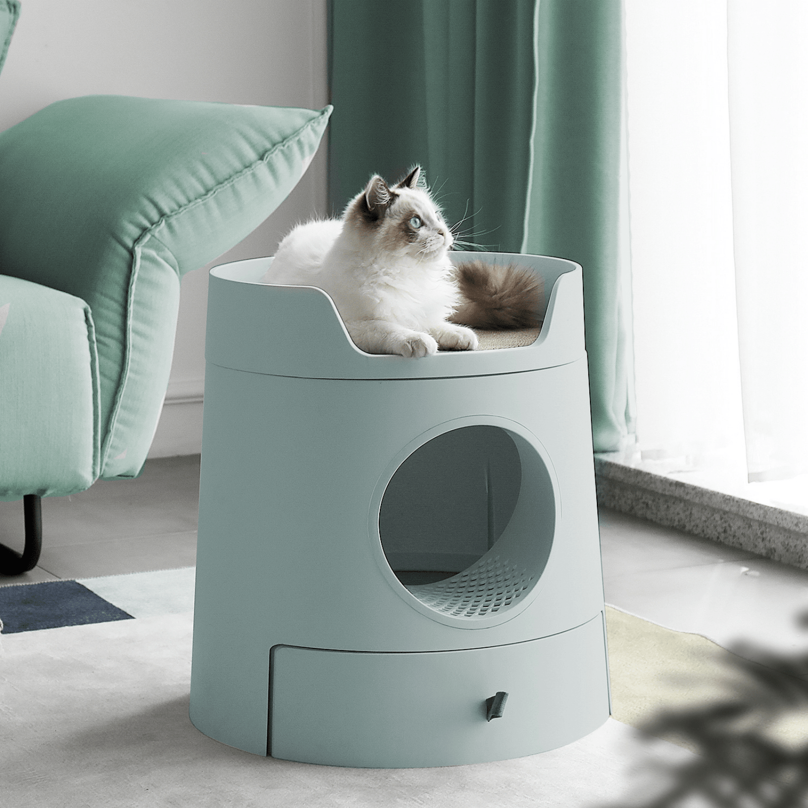 Mayitwill Cat Castle Semi Closed Litter Box with Scoop, Green Modern Pets