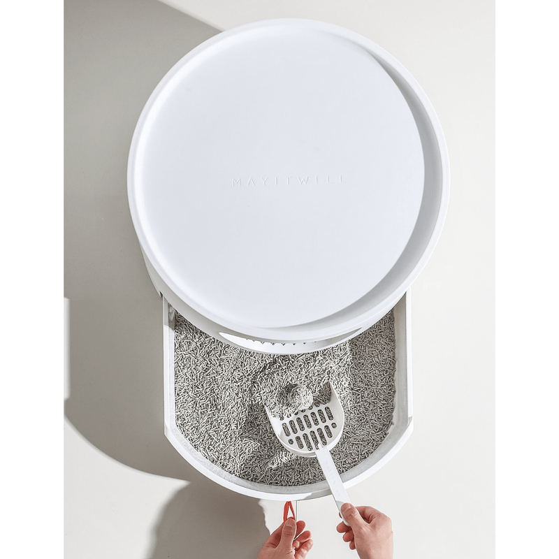 Furrytail Litter Box Mayitwill Cat Castle Semi Closed Litter Box with Scoop, White