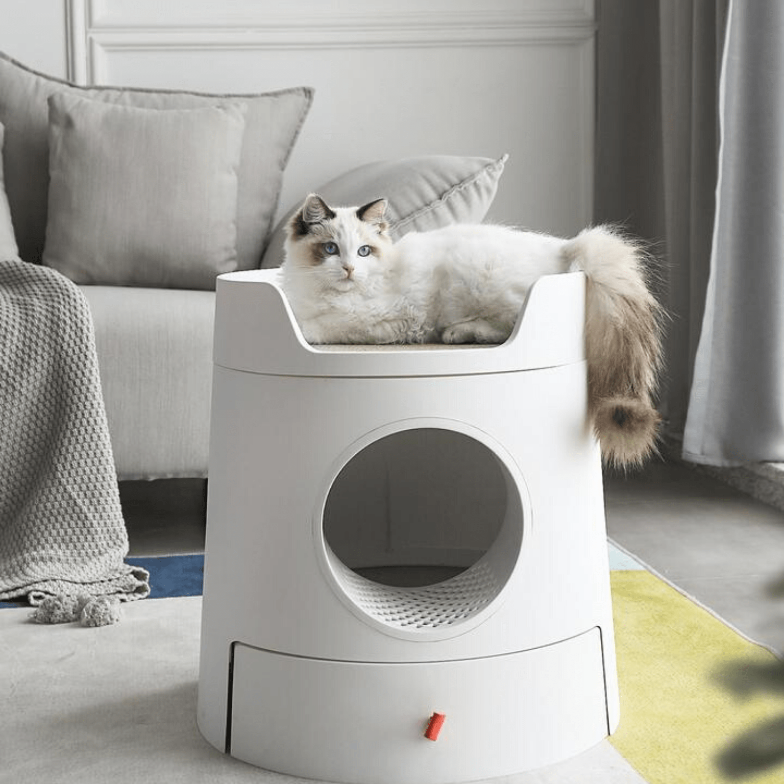 Furrytail Litter Box Mayitwill Cat Castle Semi Closed Litter Box with Scoop, White