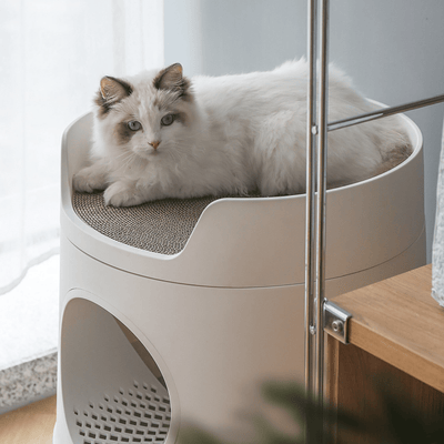 Furrytail Litter Box Mayitwill Cat Castle Semi Closed Litter Box with Scoop, White
