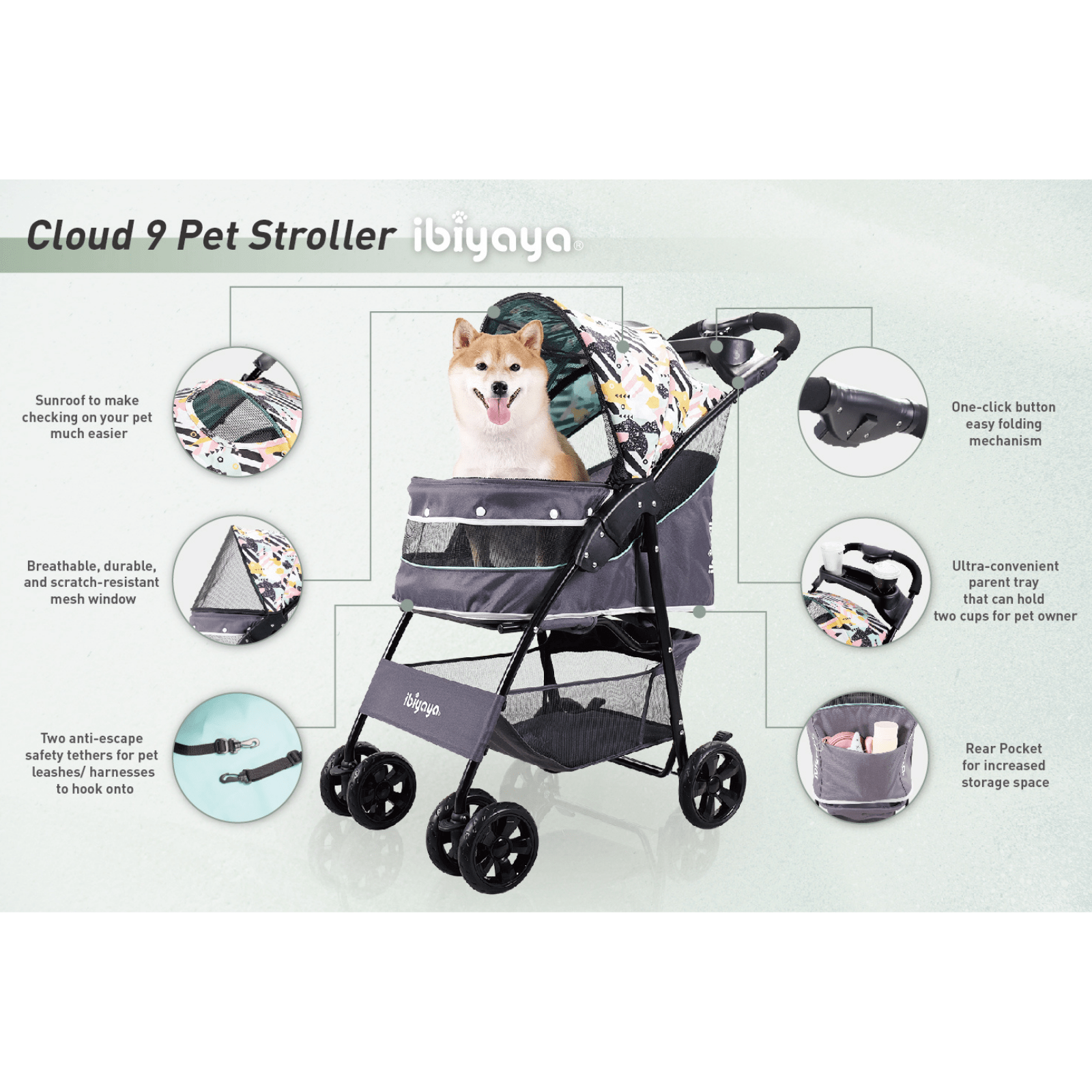 Ibiyaya Pet Pram Ibiyaya Cloud 9 Pet Stroller for Dogs & Cats up to 20kg, Mint Green