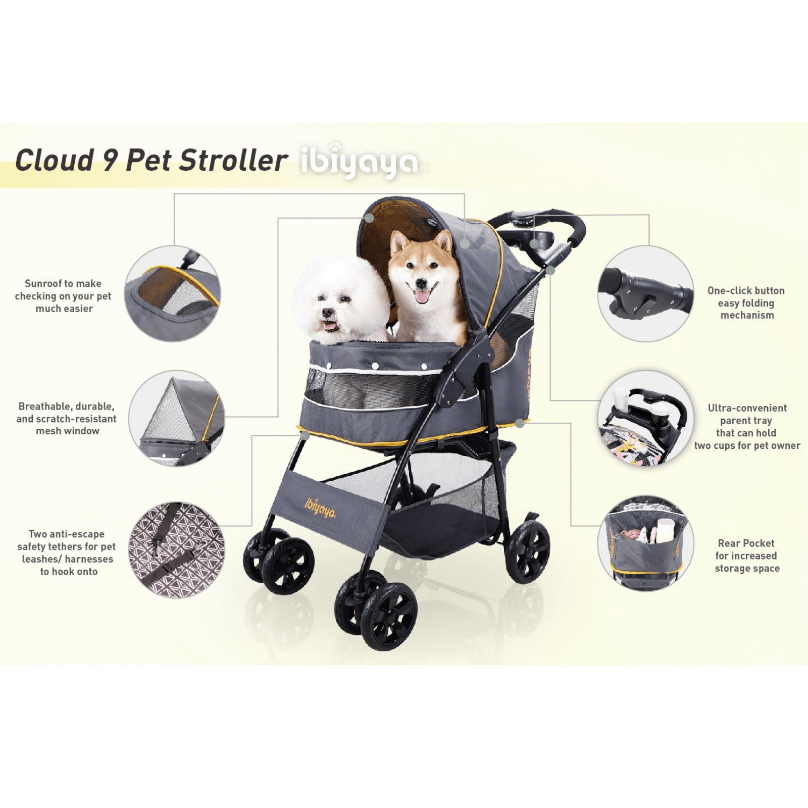 Ibiyaya Pet Pram Ibiyaya Cloud 9 Pet Stroller for Dogs & Cats up to 20kg, Mustard Yellow