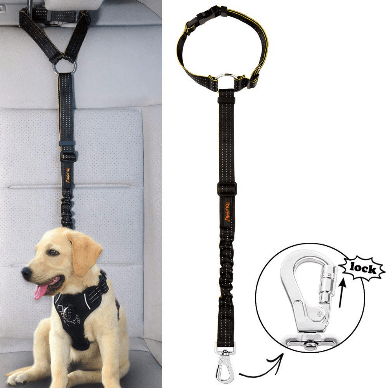 iBuddy Dog Seat Belt for Cars Headrest Restraint with Carabiner