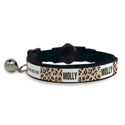 ID Pet Cat Collar Oatmeal Personalised Cat Collar - Leopard in Oatmeal, Blue or Pink