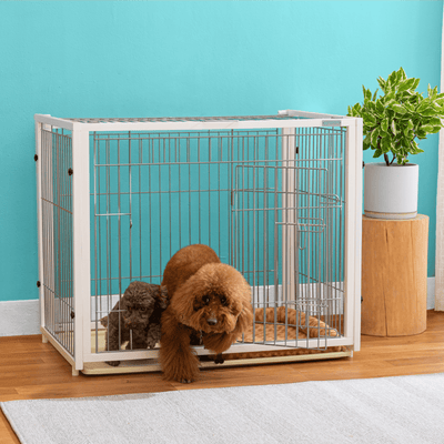 Modern Pets Containment Sliding Top Wooden Dog Crate, White