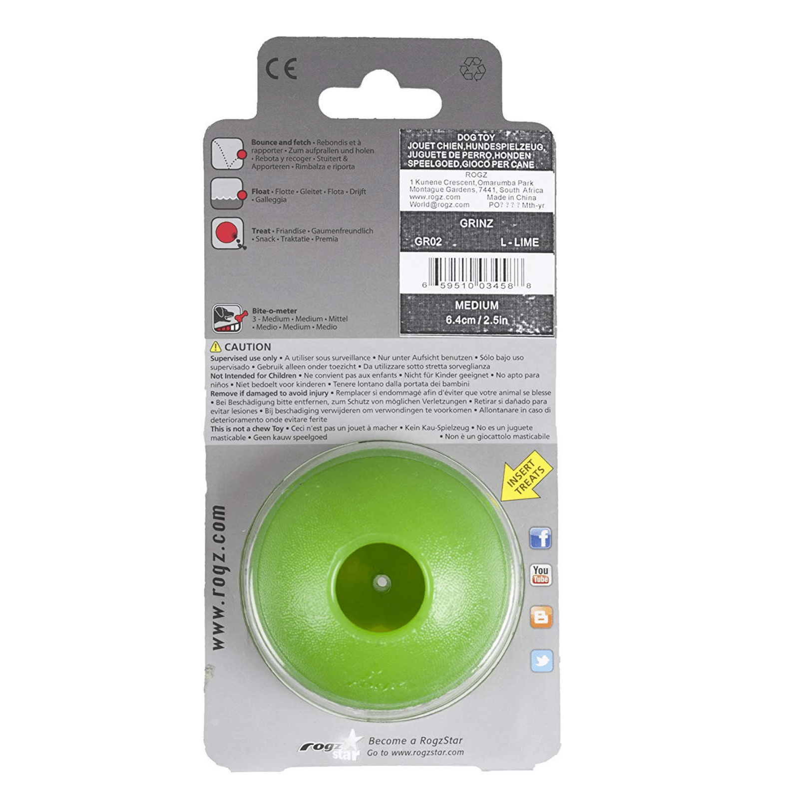 Rogz Dog Toy Rogz Grinz Dog Ball Toy, Lime